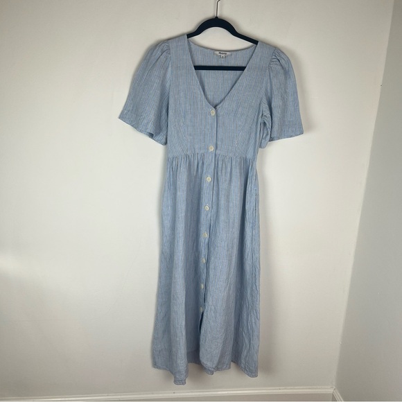 Madewell Cassie Button-Front Midi Dress in Linen Powder Blue Stripe Size XXS - Picture 3 of 6